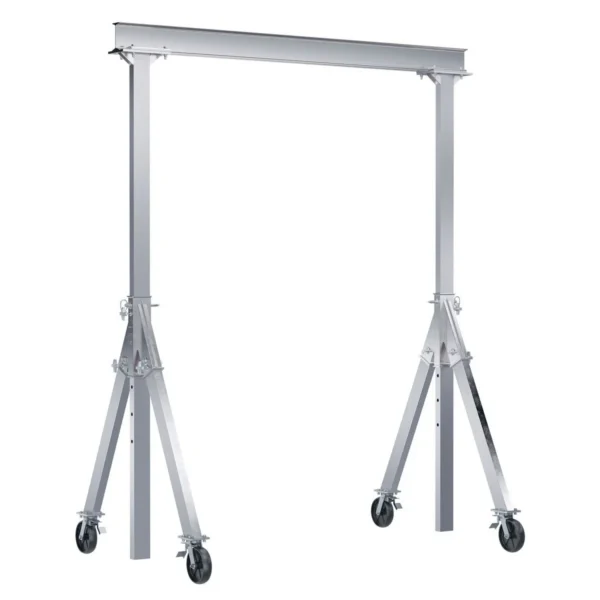 Aluminum Adjustable Height Gantry Crane with Total Locking Glass Filled Nylon Casters 15 Ft. x 8 Ft. 4000 Lb. Capacity Silver