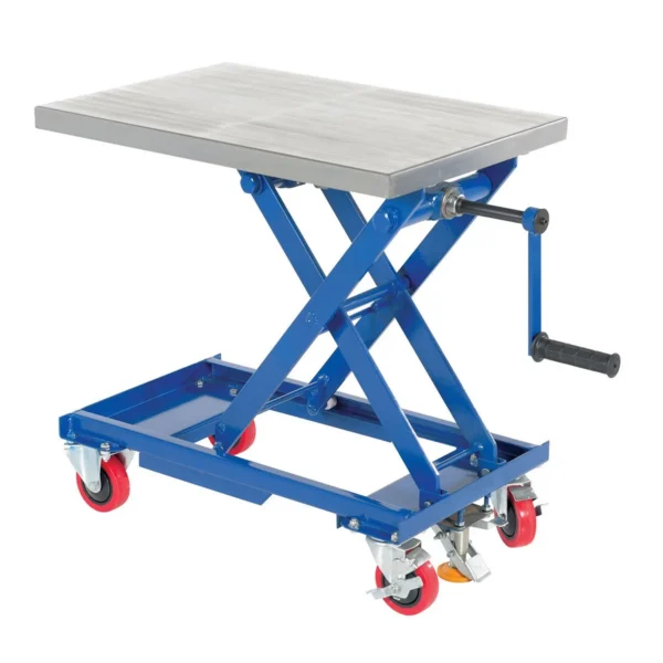 Steel Mechanical Scissor Cart with Hand Crank 18 In. x 28 In. 330 Lb. Capacity Blue/Silver
