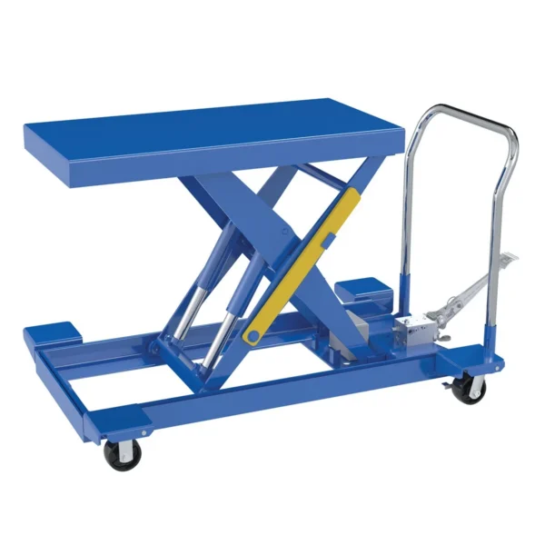 Steel Heavy Duty Low Profile Scissor Lift Cart 20 In. x 40 In. Projections with Foot Pump 2000 Lb. Capacity Blue