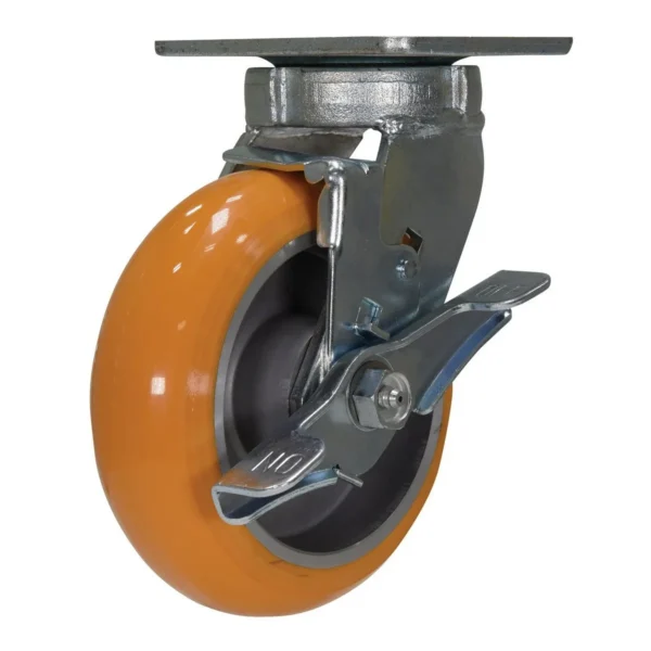 Polyurethane Swivel With Brake Caster With Hub 6 In. Diameter x 2 In. Width 1500 Lb. Capacity Butterscotch/Silver