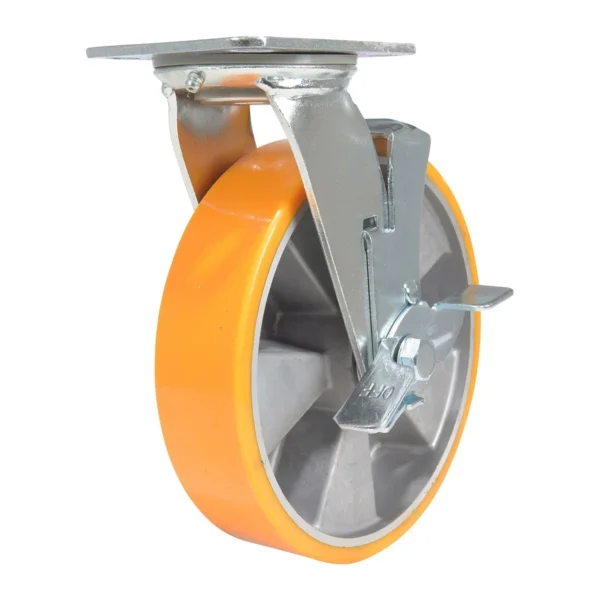 Polyurethane Swivel With Brake Caster 8 In. Diameter x 2 In. Width 1760 Lb. Capacity Orange/Silver