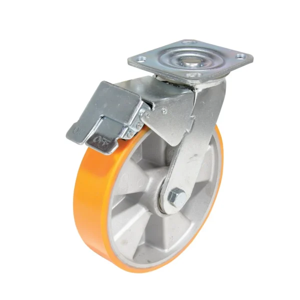 Polyurethane Swivel With Total Brake Caster 8 In. Diameter x 2 In. Width 1543 Lb. Capacity Orange/Silver