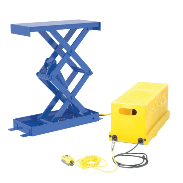 Steel Double Leg Shorty Scissor Lift Table 24 In. x 48 In. 1000 Lb. Capacity Blue