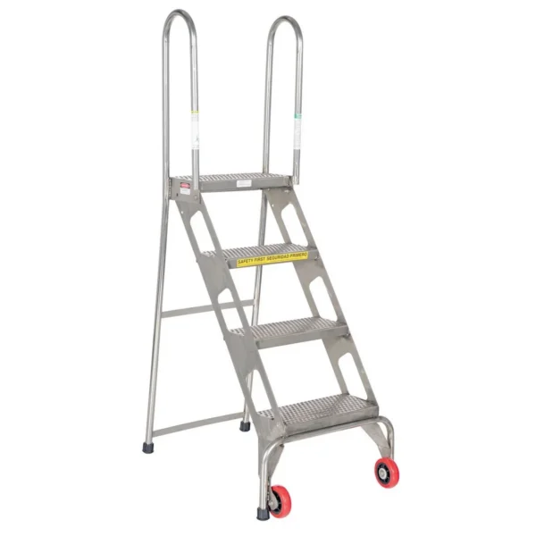 Stainless Steel Folding Ladder with Wheels 4 Step 350 Lb. Capacity Blue