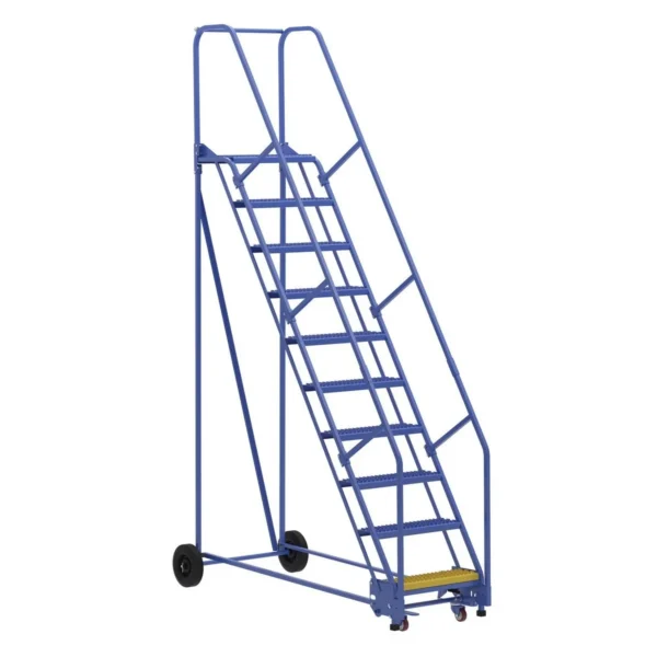 Steel Rolling Warehouse Ladder 58 Degree 10 Grip Strut 23-9/16 In. Step Width 350 Lb. Capacity Blue
