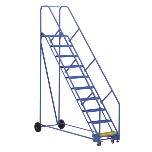 Steel Rolling Warehouse Ladder 50 Degree 10 Grip Strut 23-9/16 In. Step Width 350 Lb. Capacity Blue