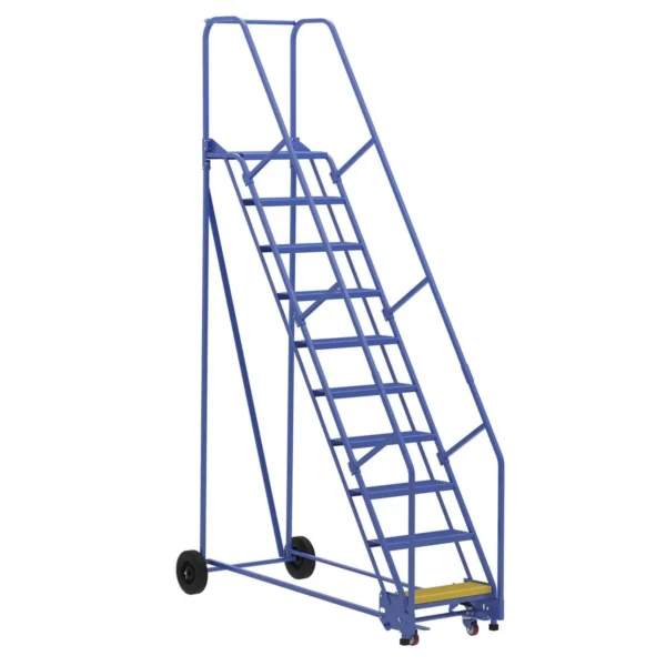 Steel Rolling Warehouse Ladder 58 Degree 10 Perforated 23-9/16 In. Step Width 350 Lb. Capacity Blue