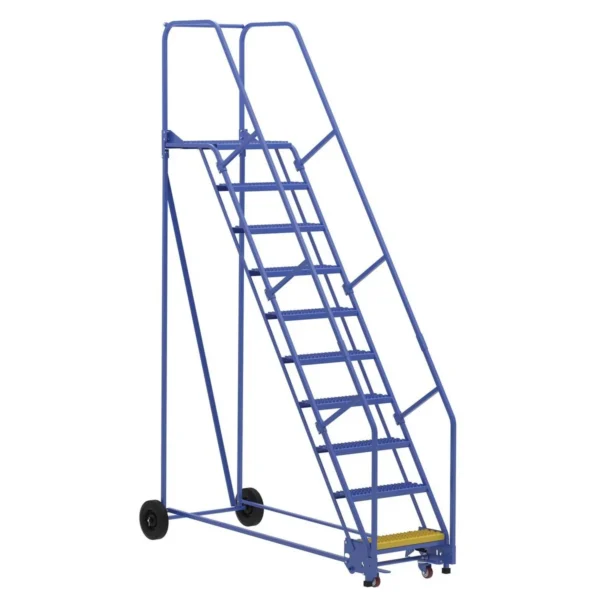 Steel Rolling Warehouse Ladder 58 Degree 10 Grip Strut 23-9/16 In. Step Width 350 Lb. Capacity Blue