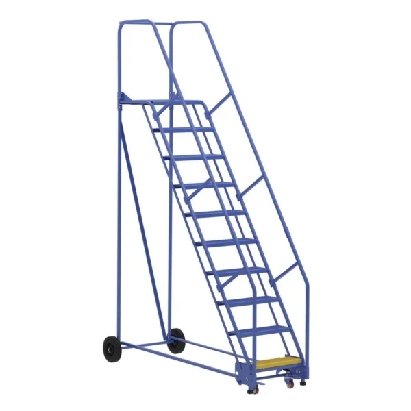 Steel Rolling Warehouse Ladder 58 Degree 10 Perforated 23-9/16 In. Step Width 350 Lb. Capacity Blue