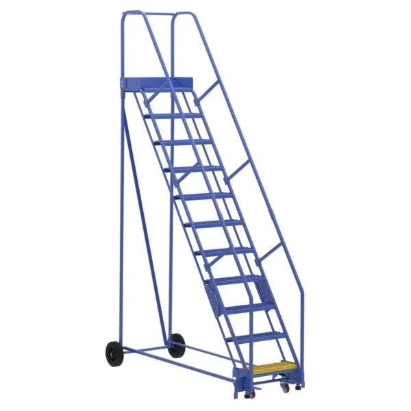 Steel Rolling Warehouse Ladder 58 Degree 11 Grip Strut 23-9/16 In. Step Width 350 Lb. Capacity Blue