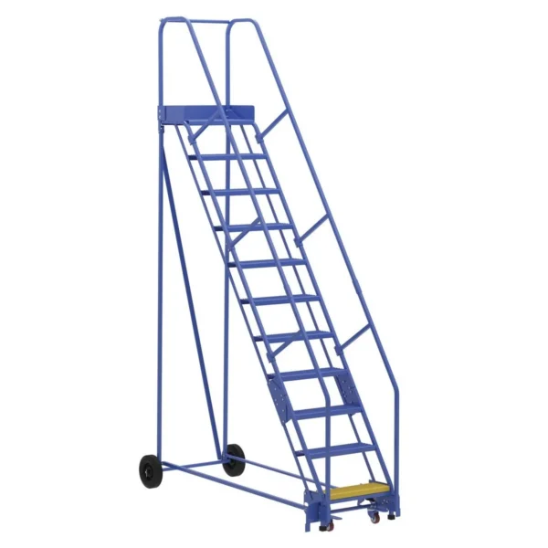 Steel Rolling Warehouse Ladder 58 Degree 11 Perforated 23-9/16 In. Step Width 350 Lb. Capacity Blue