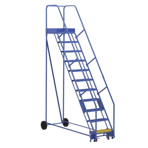 Steel Rolling Warehouse Ladder 58 Degree 11 Grip Strut 23-9/16 In. Step Width 350 Lb. Capacity Blue