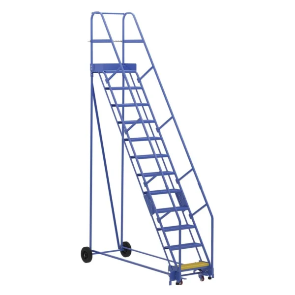 Steel Rolling Warehouse Ladder 58 Degree 12 Perforated 23-9/16 In. Step Width 350 Lb. Capacity Blue