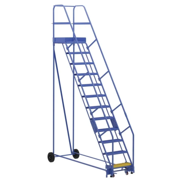 Steel Rolling Warehouse Ladder 58 Degree 12 Grip Strut 23-9/16 In. Step Width 350 Lb. Capacity Blue