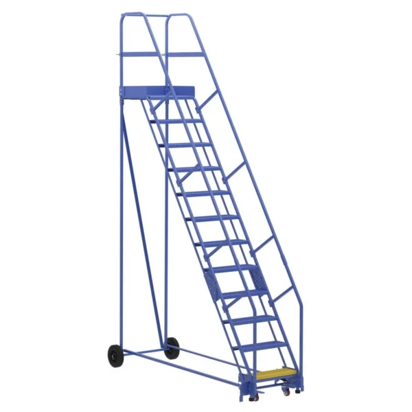 Steel Rolling Warehouse Ladder 58 Degree 12 Perforated 23-9/16 In. Step Width 350 Lb. Capacity Blue