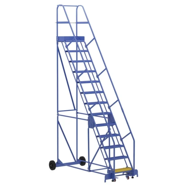 Steel Rolling Warehouse Ladder 58 Degree 13 Grip Strut 23-9/16 In. Step Width 350 Lb. Capacity Blue