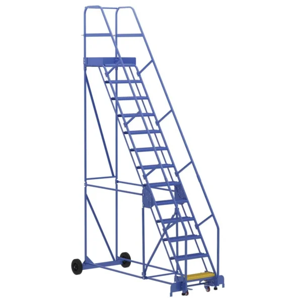 Steel Rolling Warehouse Ladder 58 Degree 13 Grip Strut 23-9/16 In. Step Width 350 Lb. Capacity Blue