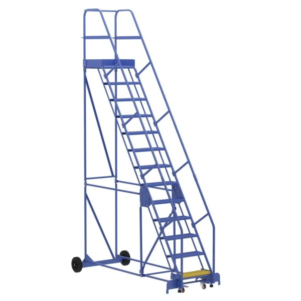 Steel Rolling Warehouse Ladder 58 Degree 13 Perforated 23-9/16 In. Step Width 350 Lb. Capacity Blue