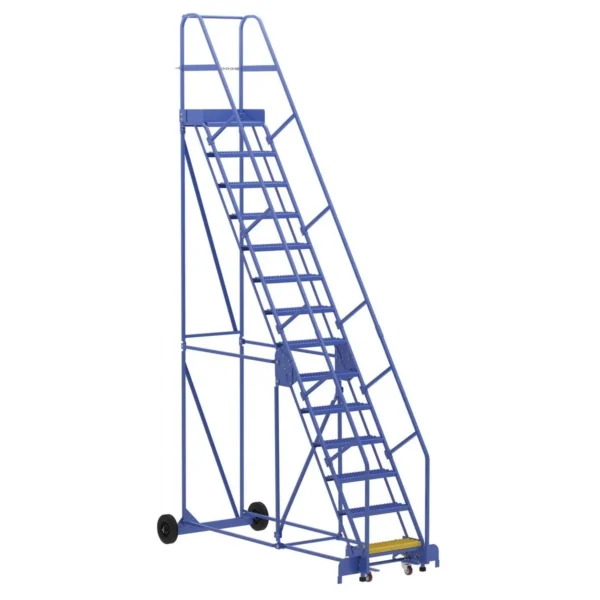 Steel Rolling Warehouse Ladder 58 Degree 14 Grip Strut 23-9/16 In. Step Width 350 Lb. Capacity Blue