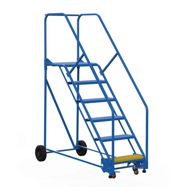Steel Rolling Warehouse Ladder 50 Degree 6 Grip Strut 23-9/16 In. Step Width 350 Lb. Capacity Blue