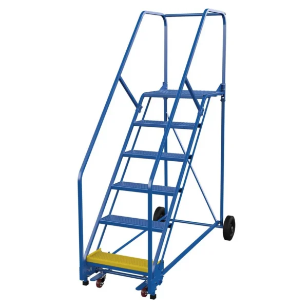 Steel Rolling Warehouse Ladder 50 Degree 6 Perforated 23-9/16 In. Step Width 350 Lb. Capacity Blue