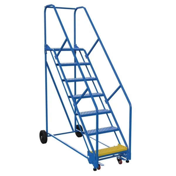 Steel Rolling Warehouse Ladder 50 Degree 7 Grip Strut 23-9/16 In. Step Width 350 Lb. Capacity Blue