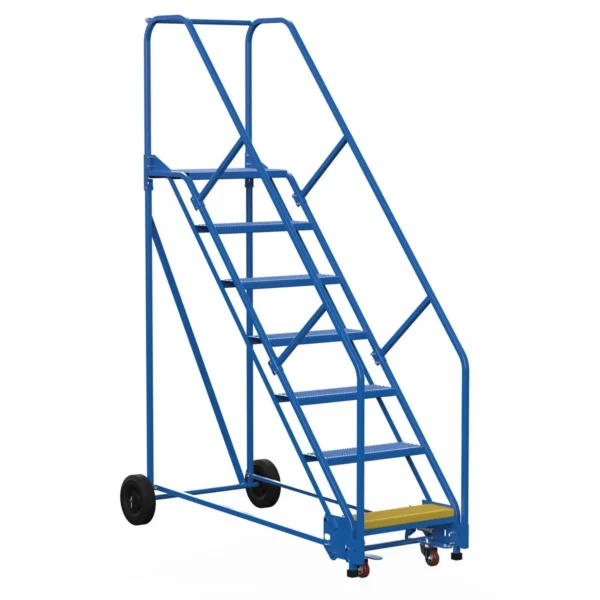 Steel Rolling Warehouse Ladder 50 Degree 7 Perforated 23-9/16 In. Step Width 350 Lb. Capacity Blue