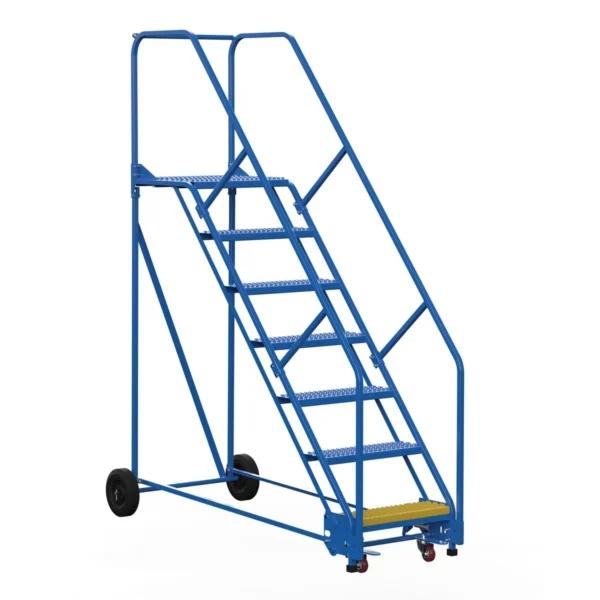 Steel Rolling Warehouse Ladder 50 Degree 7 Grip Strut 23-9/16 In. Step Width 350 Lb. Capacity Blue