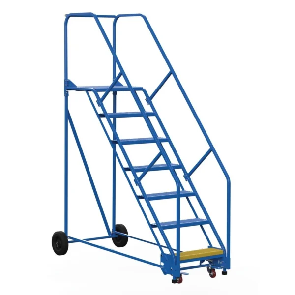 Steel Rolling Warehouse Ladder 50 Degree 7 Perforated 23-9/16 In. Step Width 350 Lb. Capacity Blue