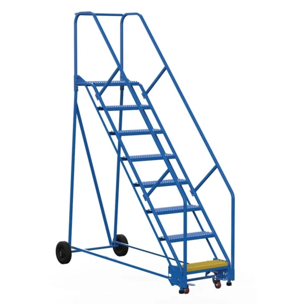 Steel Rolling Warehouse Ladder 50 Degree 8 Grip Strut 23-9/16 In. Step Width 350 Lb. Capacity Blue