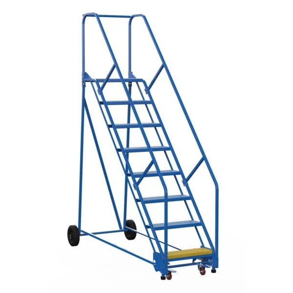 Steel Rolling Warehouse Ladder 50 Degree 8 Perforated 23-9/16 In. Step Width 350 Lb. Capacity Blue