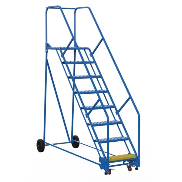 Steel Rolling Warehouse Ladder 50 Degree 8 Grip Strut 23-9/16 In. Step Width 350 Lb. Capacity Blue