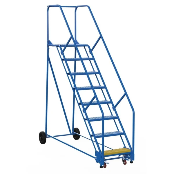 Steel Rolling Warehouse Ladder 50 Degree 8 Perforated 23-9/16 In. Step Width 350 Lb. Capacity Blue