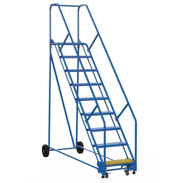 Steel Rolling Warehouse Ladder 50 Degree 9 Grip Strut 23-9/16 In. Step Width 350 Lb. Capacity Blue