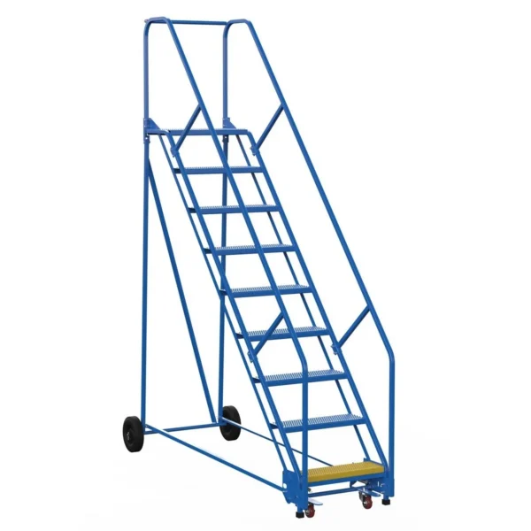Steel Rolling Warehouse Ladder 50 Degree 9 Perforated 23-9/16 In. Step Width 350 Lb. Capacity Blue