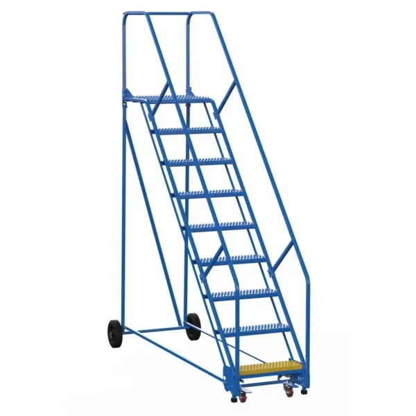Steel Rolling Warehouse Ladder 50 Degree 9 Grip Strut 23-9/16 In. Step Width 350 Lb. Capacity Blue
