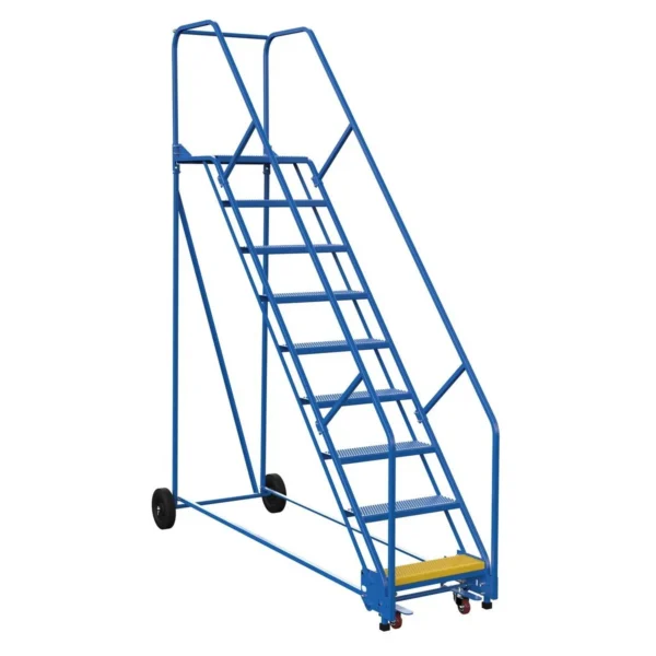 Steel Rolling Warehouse Ladder 50 Degree 9 Perforated 23-9/16 In. Step Width 350 Lb. Capacity Blue
