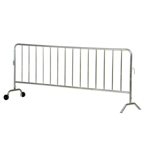 Steel Heavy Duty Crowd Control Interlocking Barrier with Feet (1) Wheeled (1) Curved 101-3/4 In. Length Silver