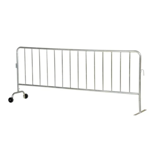 Steel Heavy Duty Crowd Control Interlocking Barrier with Feet (1) Wheeled (1) Flat 101-3/4 In. Length Silver