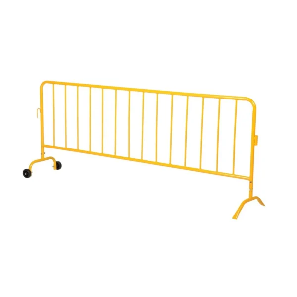 Steel Heavy Duty Crowd Control Interlocking Barrier with Feet (1) Wheeled (1) Curved 101-3/4 In. Length Yellow