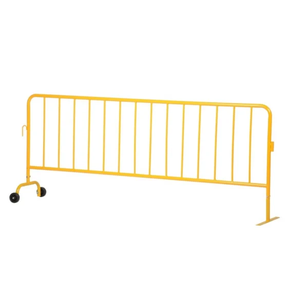Steel Heavy Duty Crowd Control Interlocking Barrier with Feet (1) Wheeled (1) Flat 101-3/4 In. Length Yellow