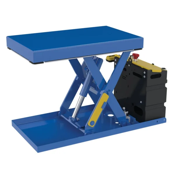 Steel Scissor Lift Table DC Power 44-3/16 In. x 20-1/2 In. x 28 In. 500 Lb. Capacity Blue