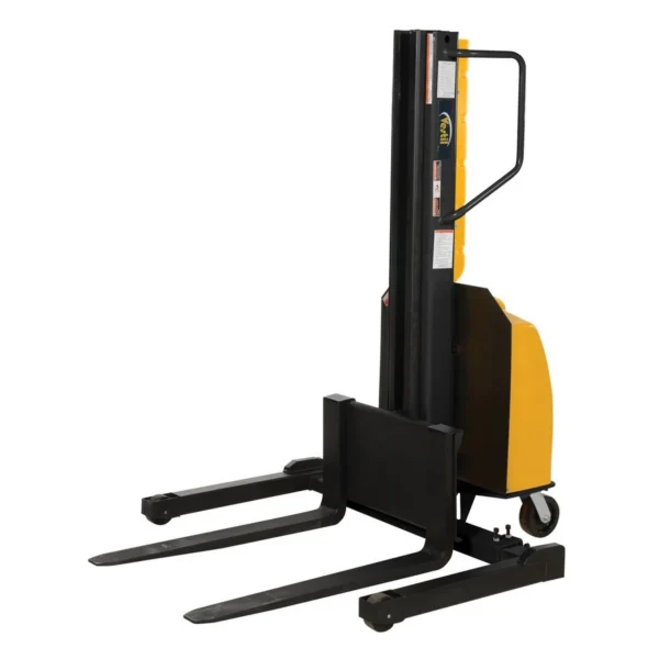 Steel Narrow Mast Stacker DC Powered 118 In. Raised Height Adjustable Forks and Support Legs 1,500 Lb. Capacity Yellow