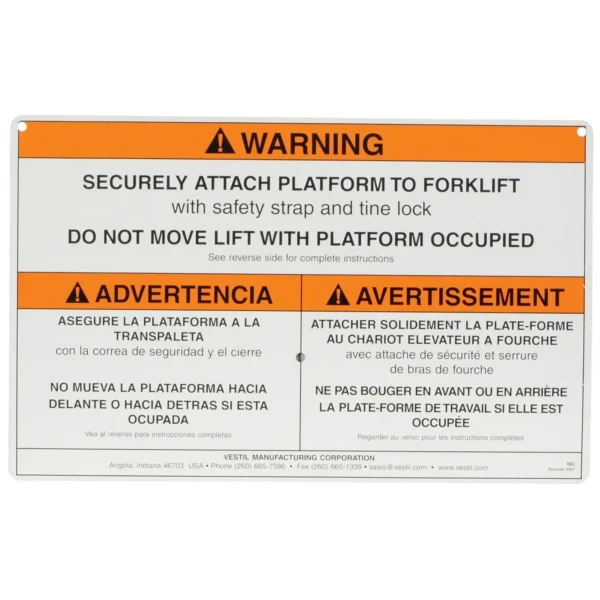 Aluminum Warning Sign With Hardware For Work Platforms White